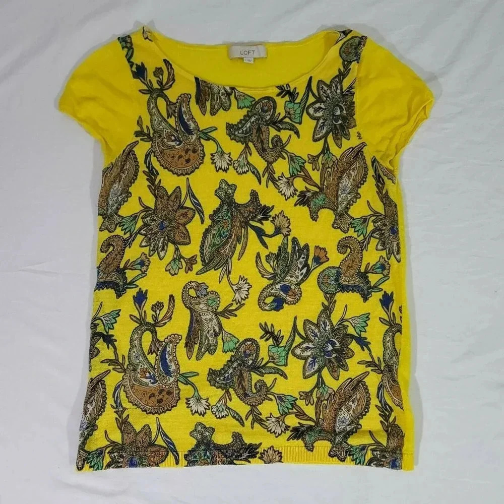 Ann Taylor Loft Yellow Paisley Floral Ramie Blend Shirt Size Large